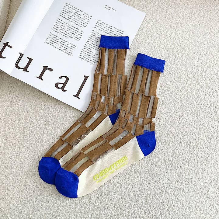 ACCITY - Wholesale Socks - Women's - FLORAL KLEIN BLUE STRIPED GLASS STOCKINGS_CWMS0524