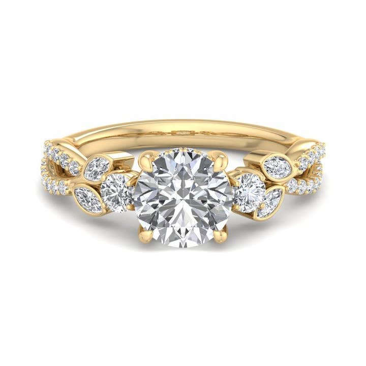 Floral Marquise Band with Beaded Detail Round Lab Grown Diamond Center Engagement Ring for wholesale by Caratina
