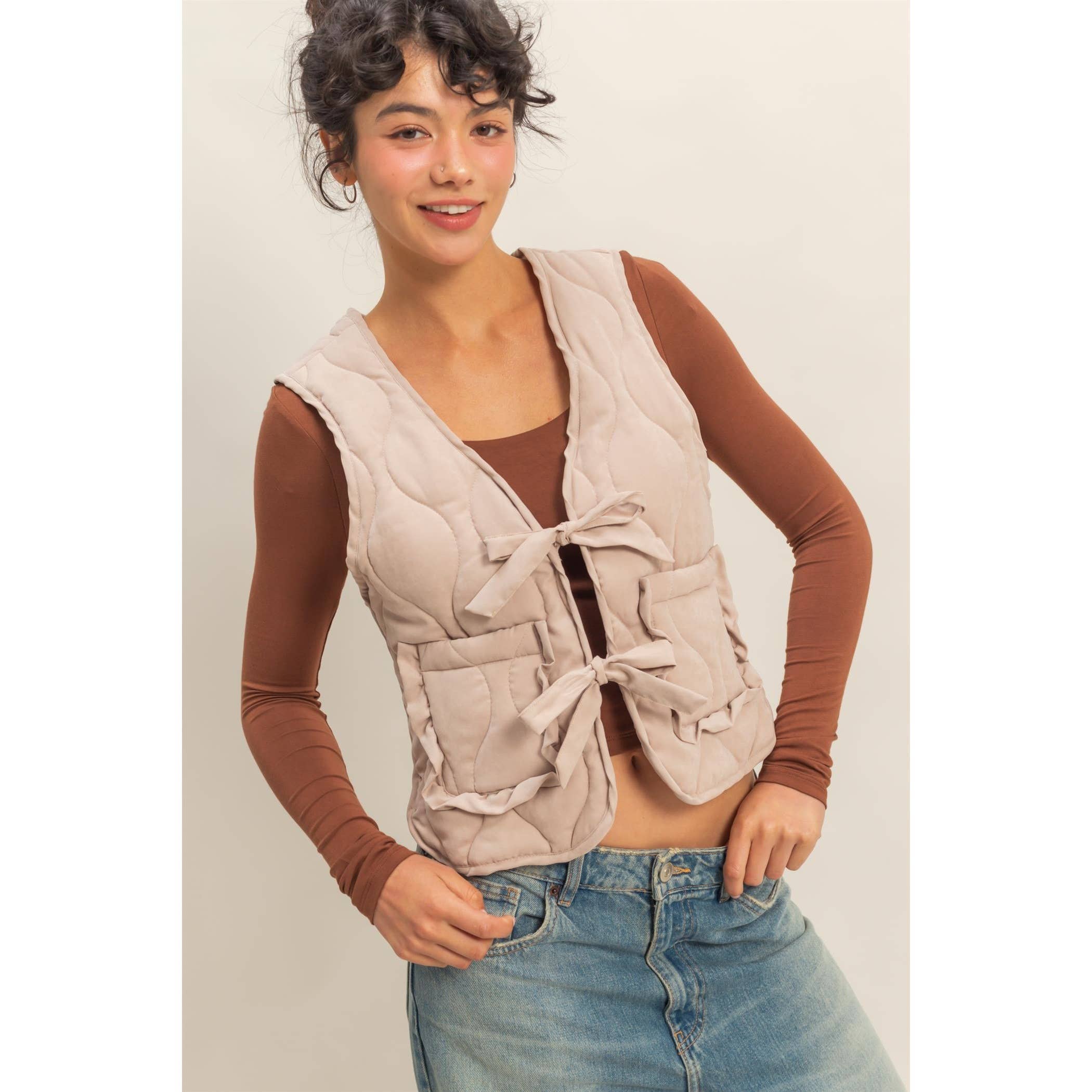 Double Zero - Wholesale Outerwear Vest - Women's - Quilted Vest With Tie-Front And Patch Pockets0