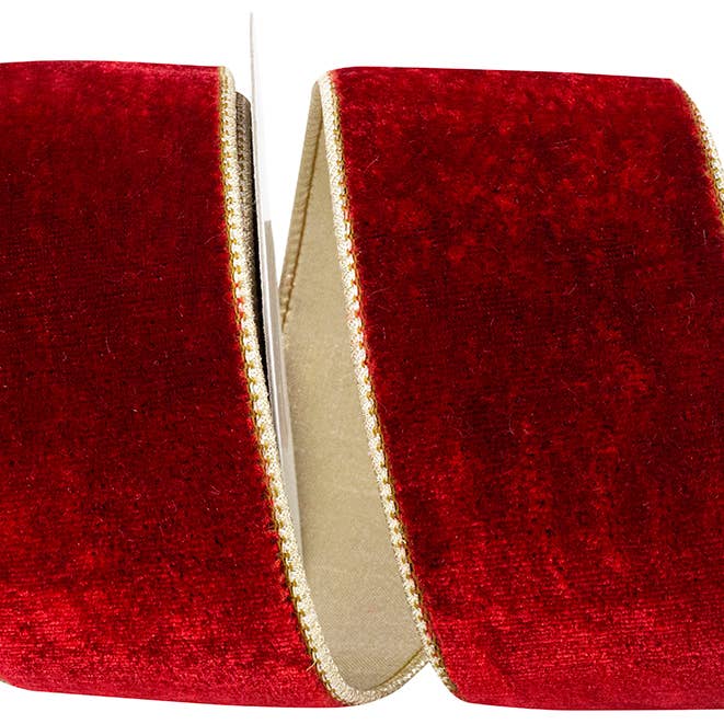 Velvet Plush Texture Deluxe Backed Wired Edge, Red/gold 40D for wholesale by RELIANT RIBBON