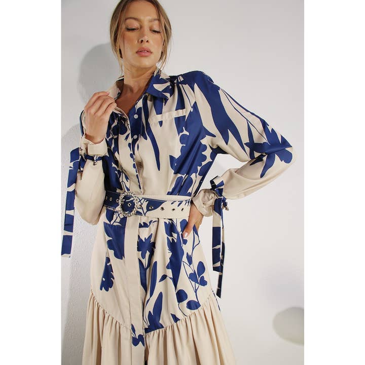 BLUE MULTI PRINT UNEVEN BELTED LONG DRESS for wholesale on Faire15