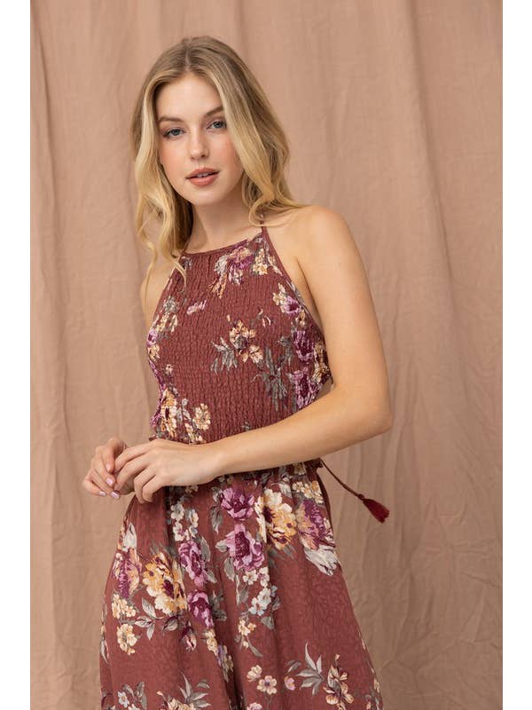 Wine Jacquard Wide Leg Halter Jumpsuit for wholesale on Faire5