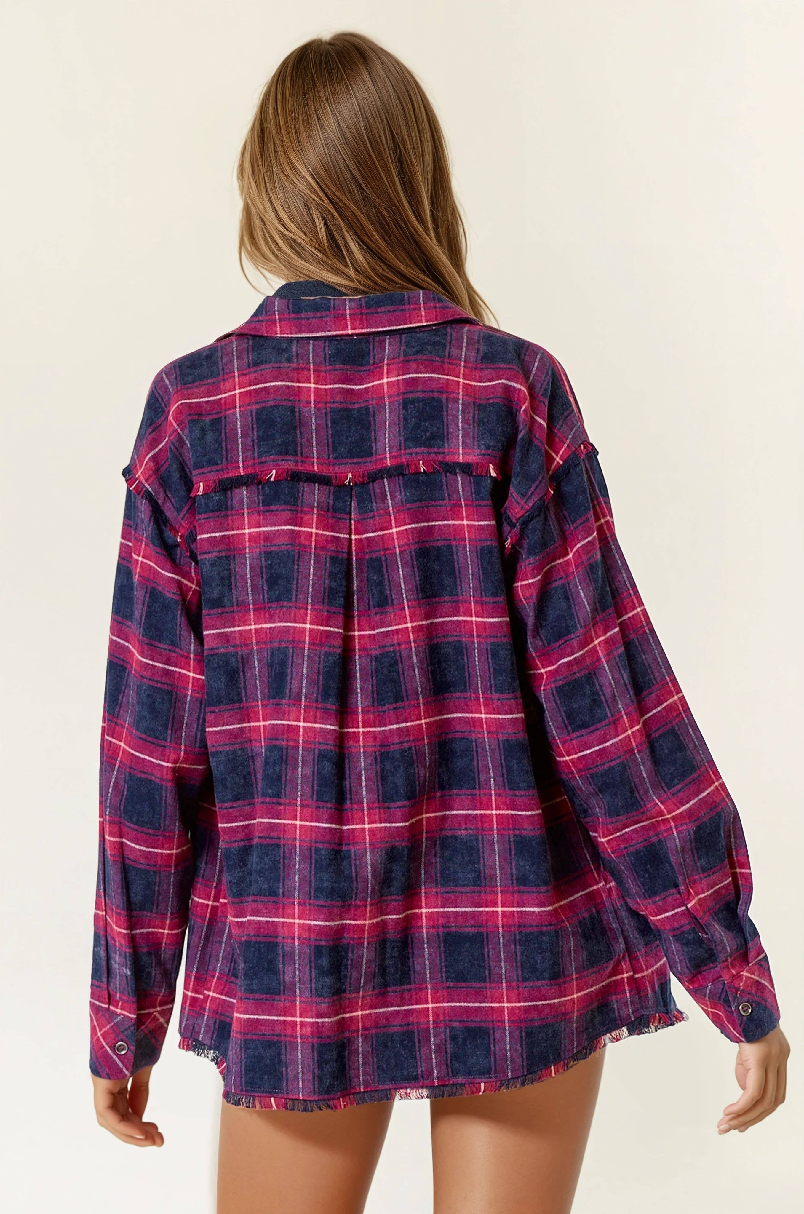 Doe and Rae - Wholesale Button Down Shirt - Women's - Plaid Flannel Shirt W/ Frayed Detail - 44703T8