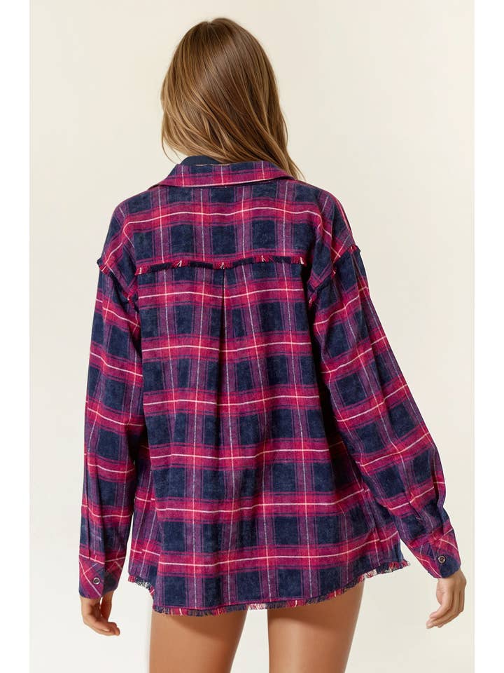 Doe and Rae - Wholesale Button Down Shirt - Women's - Plaid Flannel Shirt W/ Frayed Detail - 44703T8