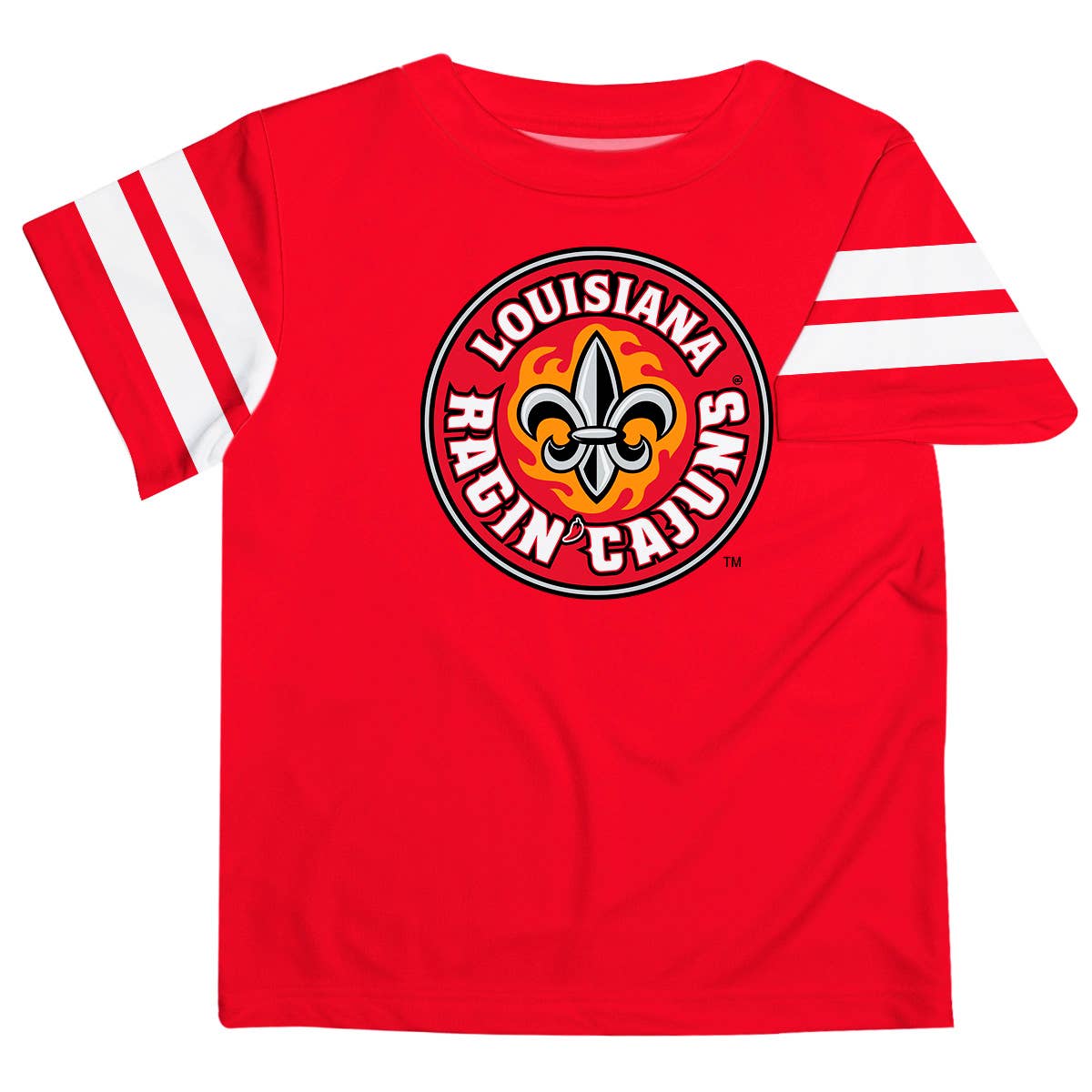 Vive La Fete - Wholesale Screen Printed T-Shirt - Kids - Louisiana Ragin Cajuns Red Tee with Stripes-Sleeves0