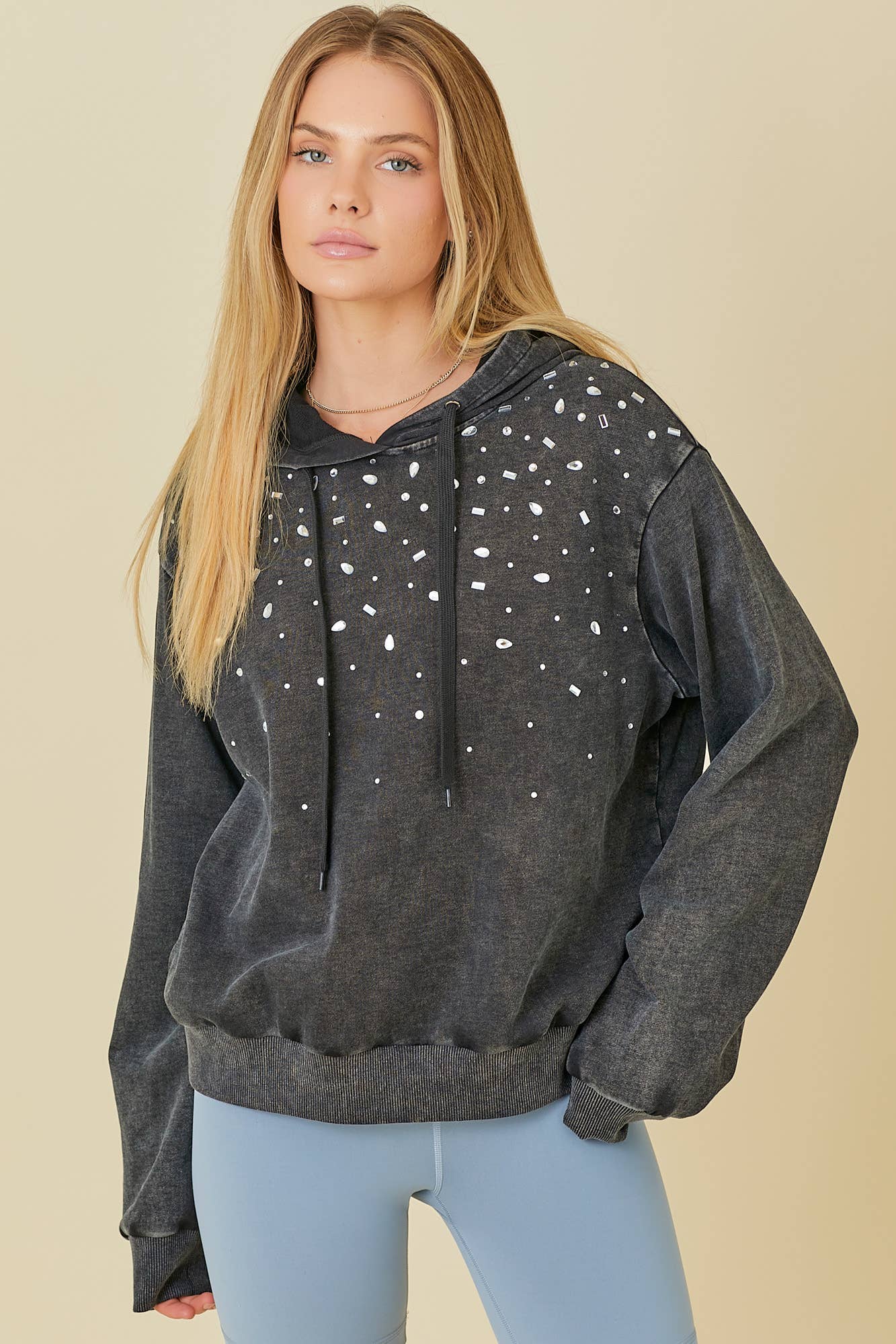 BLACK Washed Hoodie With All Over Rhinestone Detail for wholesale on Faire12