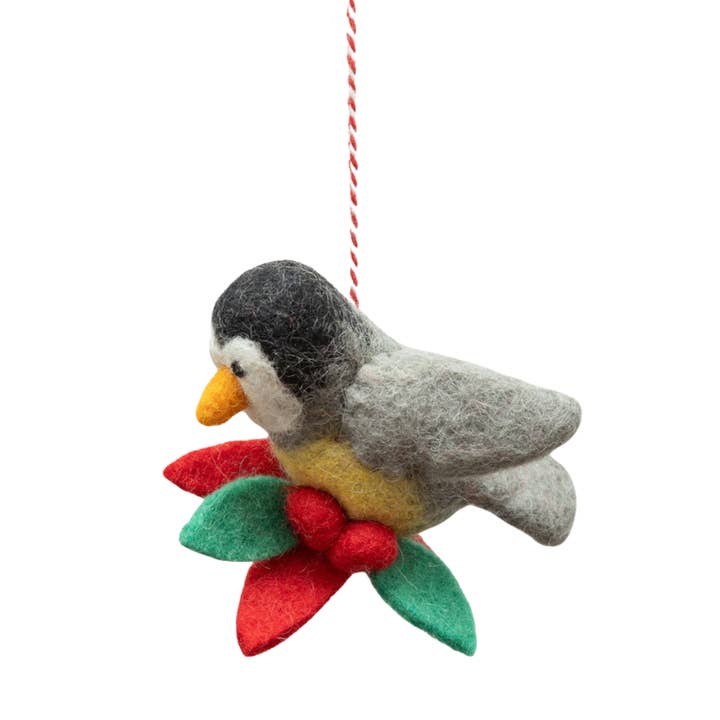 Silver Tree Home & Holiday - Wholesale Ornament - A50532: Felt bird orn grey,red berries,green leaves,3.25in