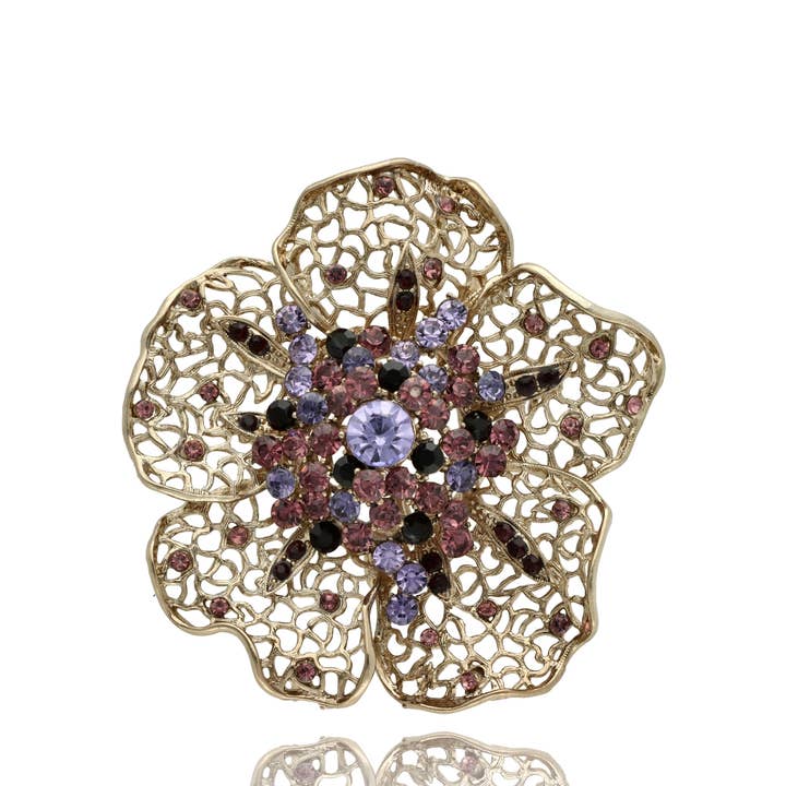 Broche Bisutería Artística Flor Rosa, Lila Y Oro para venta al por mayor de IngrossoFashion by INCI SRL