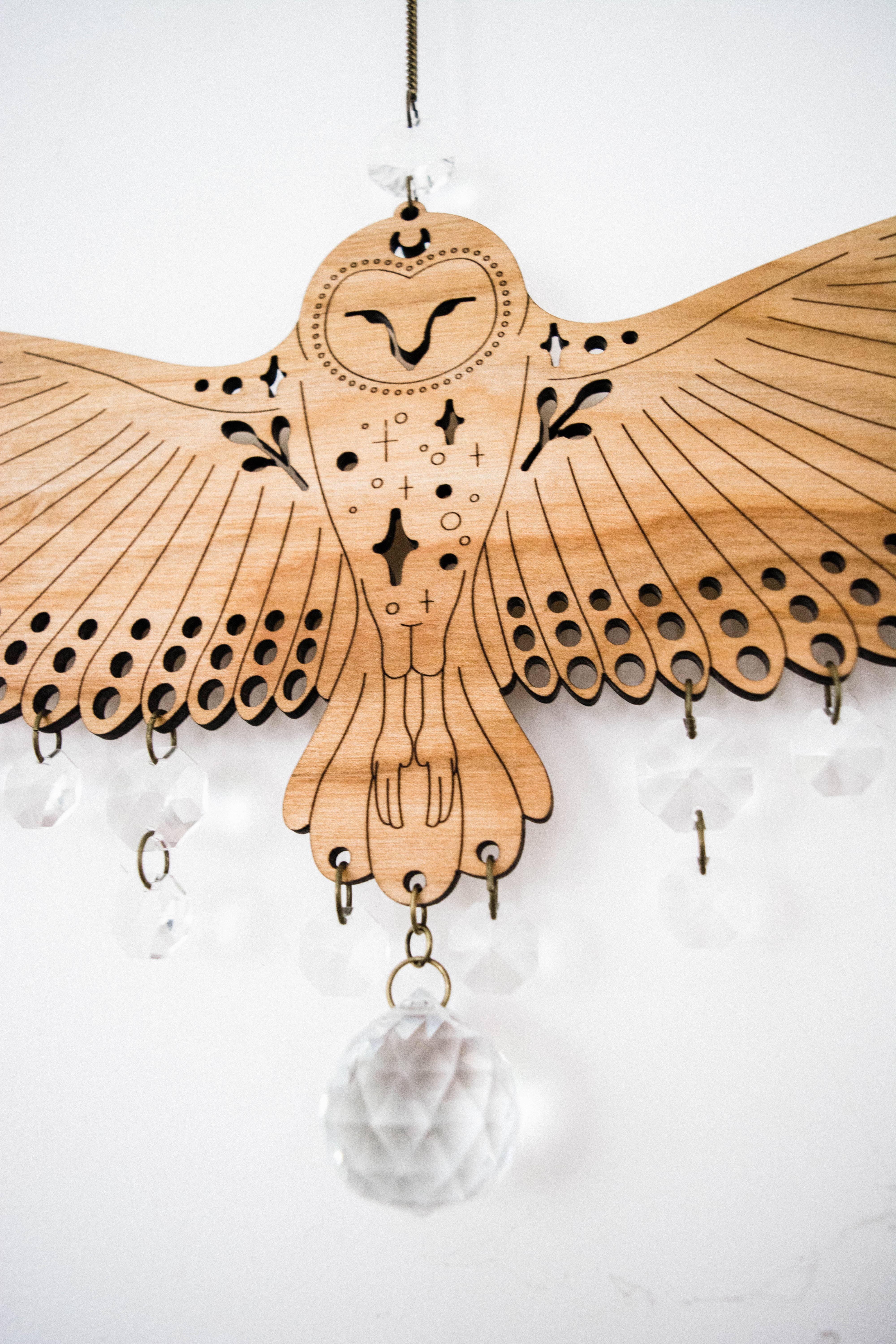 HEX Botanical - Wholesale Suncatcher - Owl Wooden Wall Hanging Bird Suncatcher w/ Crystal Prisms 10