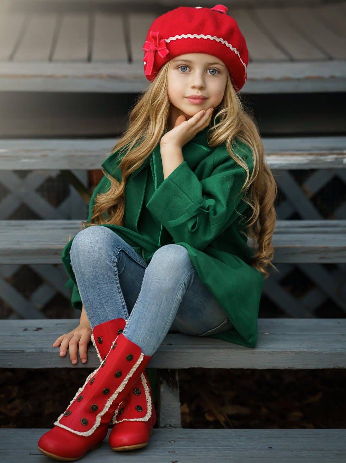 Red Military Style Lace Ruffle Trimmed Boots  By Liv and Mia for wholesale on Faire4