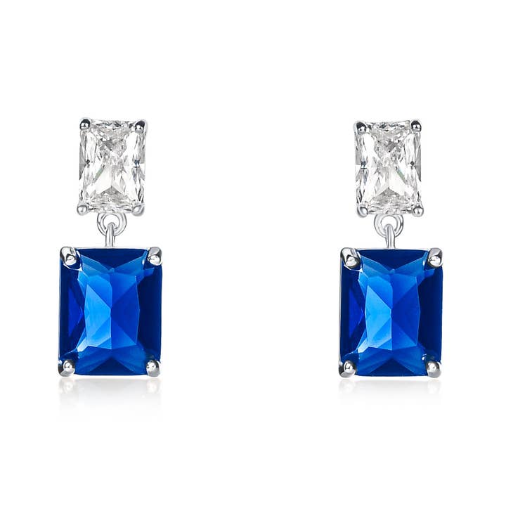 Blue 925 Sterling Silver Double Rectangle Cubic Zirconia Dangle Earrings for wholesale by Namana