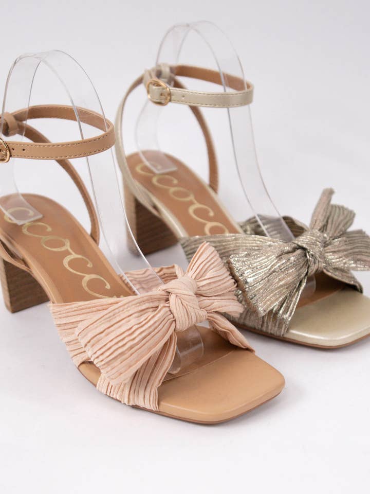 TAN CARA PLEATED BOW DECOR ANKLE STRAP SANDAL for wholesale on Faire