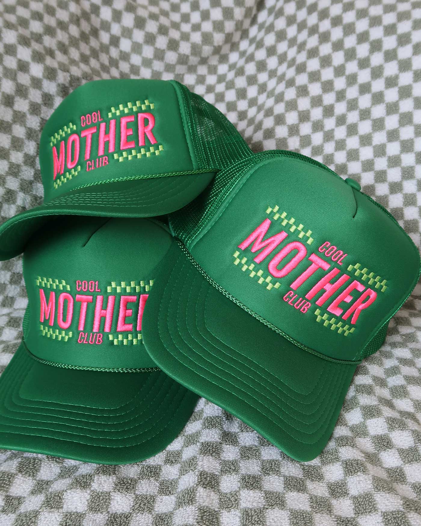 Sundrop - Wholesale Trucker Hat - Women's - Cool Mother Club Checkered Trucker Hat - High Profile Green1