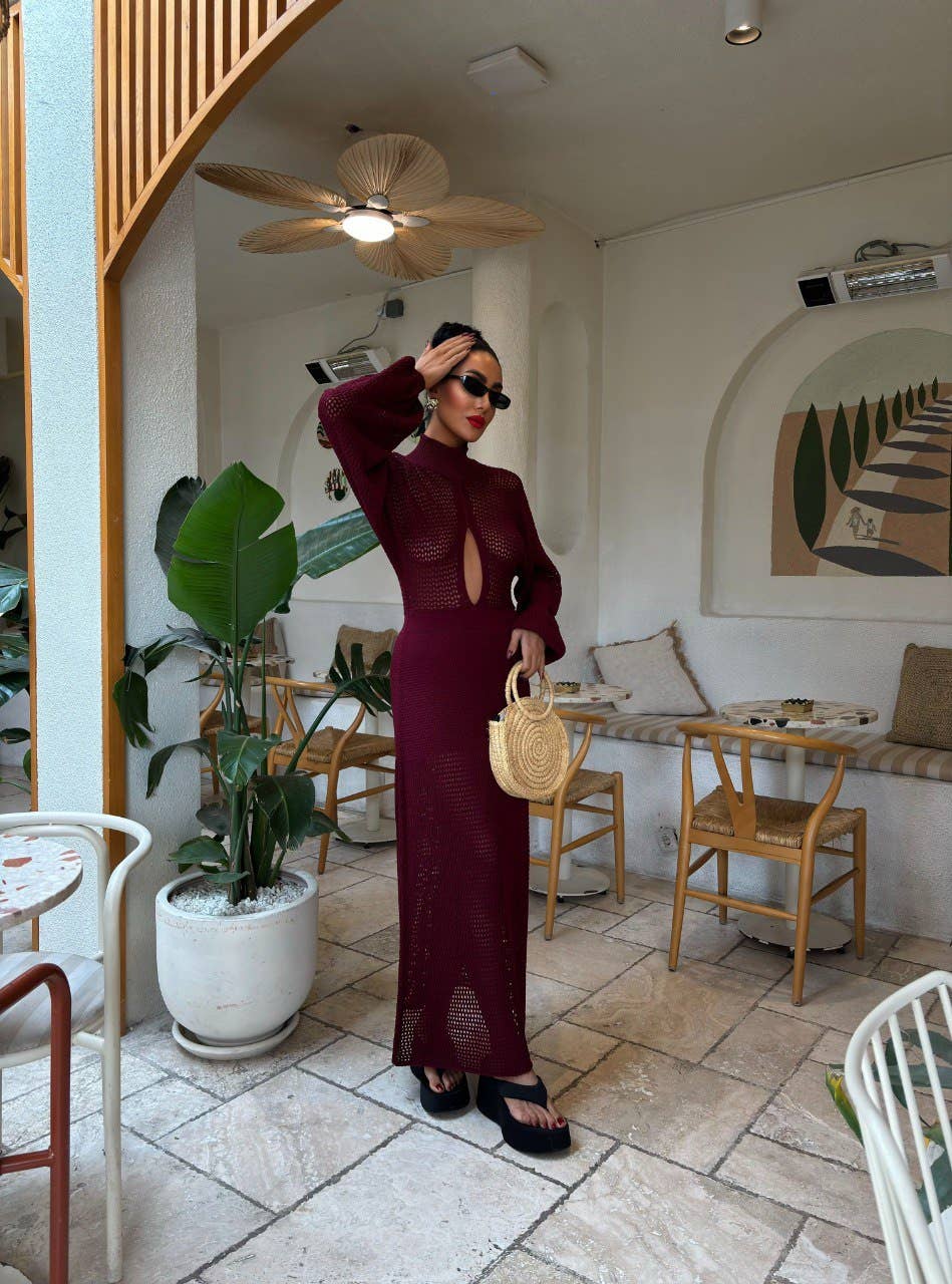 Design company-Fatma Balkir - Vendita all'ingrosso Vestito - Donna - Abito Lungo in Maglia con Scollo a V Profondo e Colletto Strutturato-boho9