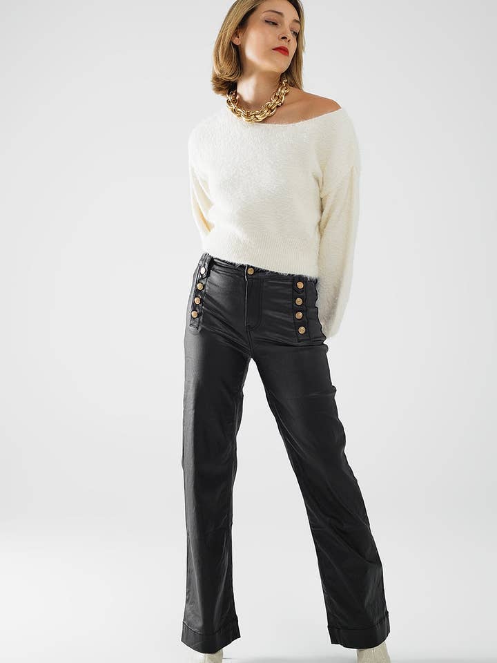 Svart Svart byxa i konstläder med knappar för wholesale på Faire3