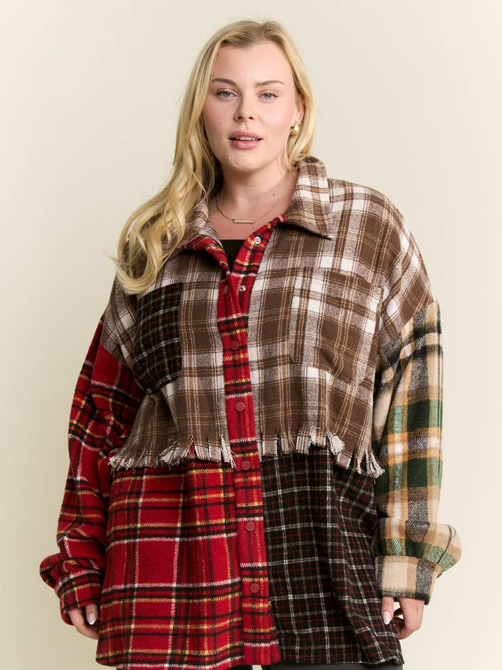 JADE BY JANE PLUS - Wholesale Shirt Jacket/Shacket - Women's - Patchwork Plaid Shacket (Plus size)0