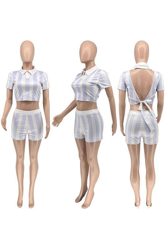 Fashion Combination - Wholesale Top & Short Set (NOT Loungewear) - Women's -  Crop Shirt and Shorts Set - Two Tone Stripe4