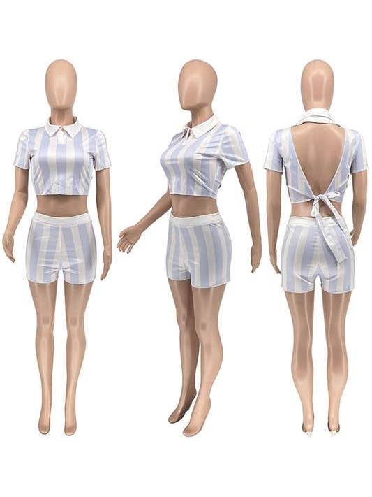 Fashion Combination - Wholesale Top & Short Set (NOT Loungewear) - Women's - Crop Shirt and Shorts Set - Two Tone Stripe4