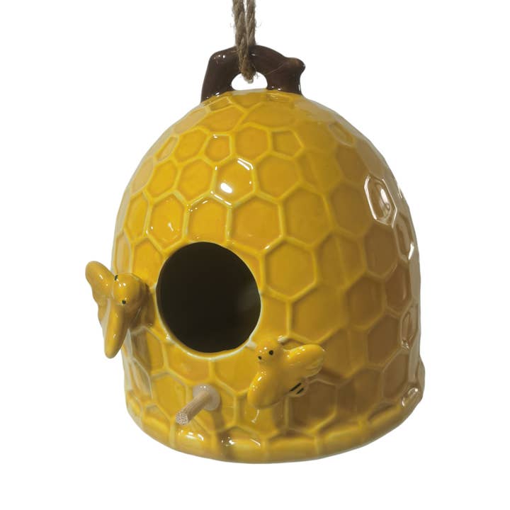 6 in. Yellow Stoneware Honeycomb Bird Feeder for wholesale by Sagebrook Home