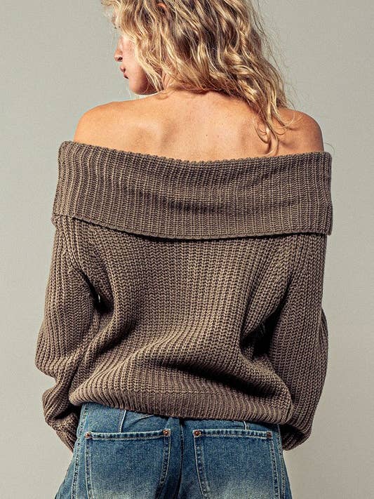OLIVE OFF SHOULDER FOLD DOWN COLLAR RIB KNIT SWEATER for wholesale on Faire