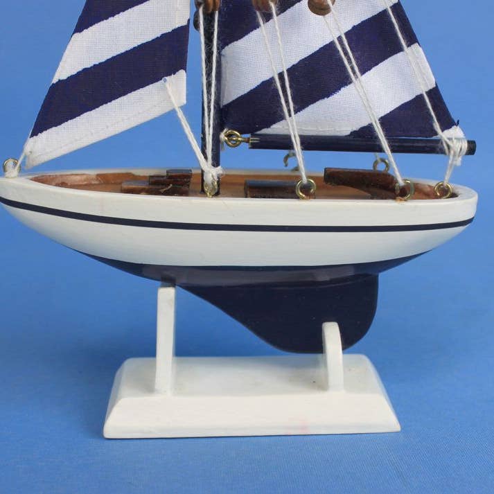 Hampton Nautical - Wholesale Decorative Tabletop Object - Blue Striped Pacific Sailer Model Sailboat Decoration 9"