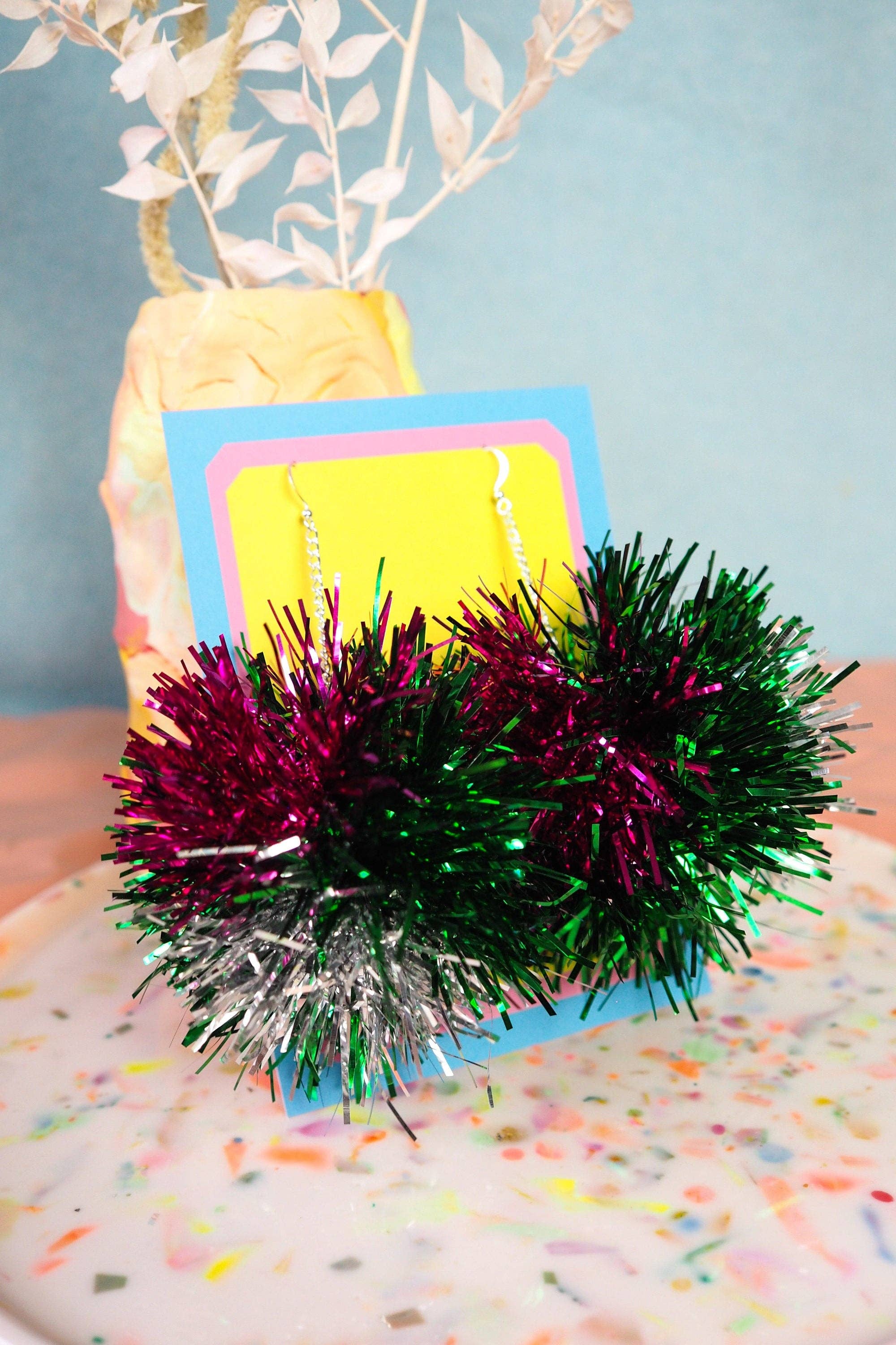 Fat Pom Poms – wholesale Dangle earrings – Green, Pink & Silver Tinsel Pom Pom Earrings - Pom Poms - Christmas Fall Jewelry8