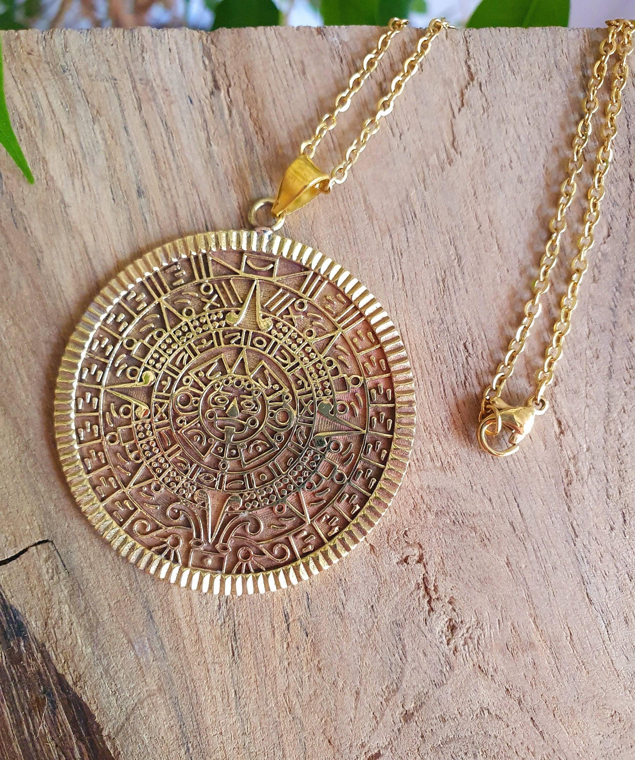 Kaali Boutique – wholesale Pendant/charm necklace – Gold Sacred Mayan Calendar Necklace / Hypoallergenic / Brass / Boho / Aztec / Inca / Ethnic / Hypoallergenic / Third Eye / Illuminati9
