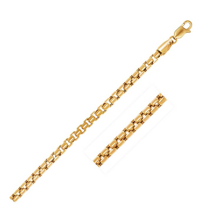 Catena a scatola rotonda in oro giallo 14k (3,4 mm) per la vendita all'ingrosso da parte di RubyAnn Jewelry