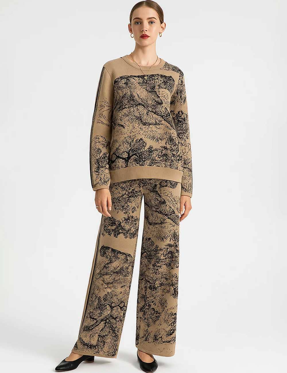 Sweetkama - Wholesale Lounge Set - Women's - Ladies Color Block Tiger Pattern Knit Sweater & Pants 2PCS Set1