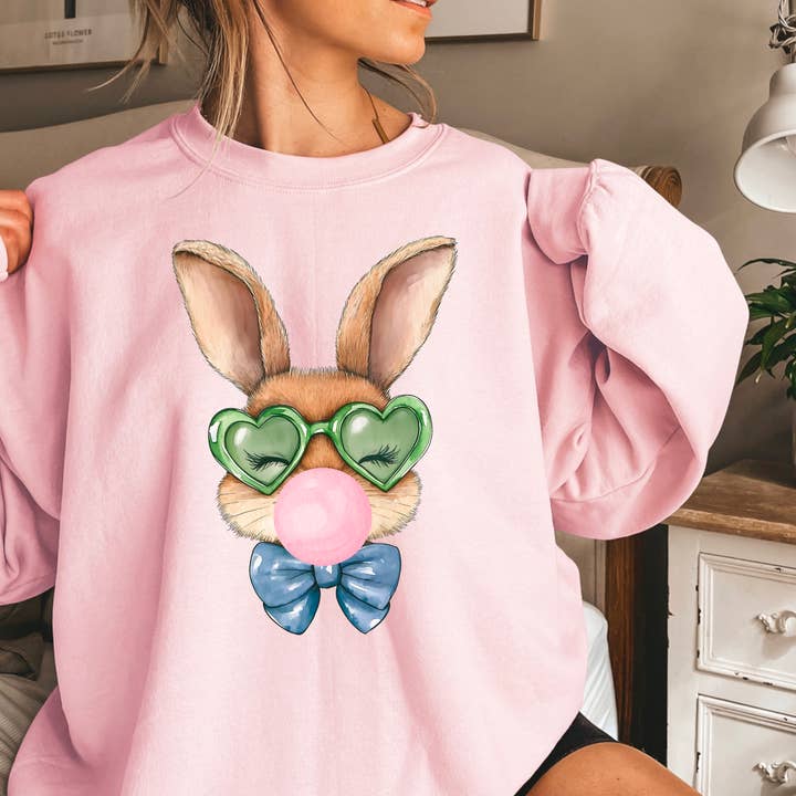 Felpa Grafica alla Moda con Coniglietto di Pasqua e Gomma da Masticare per la vendita all'ingrosso da parte di Shoppe SHC