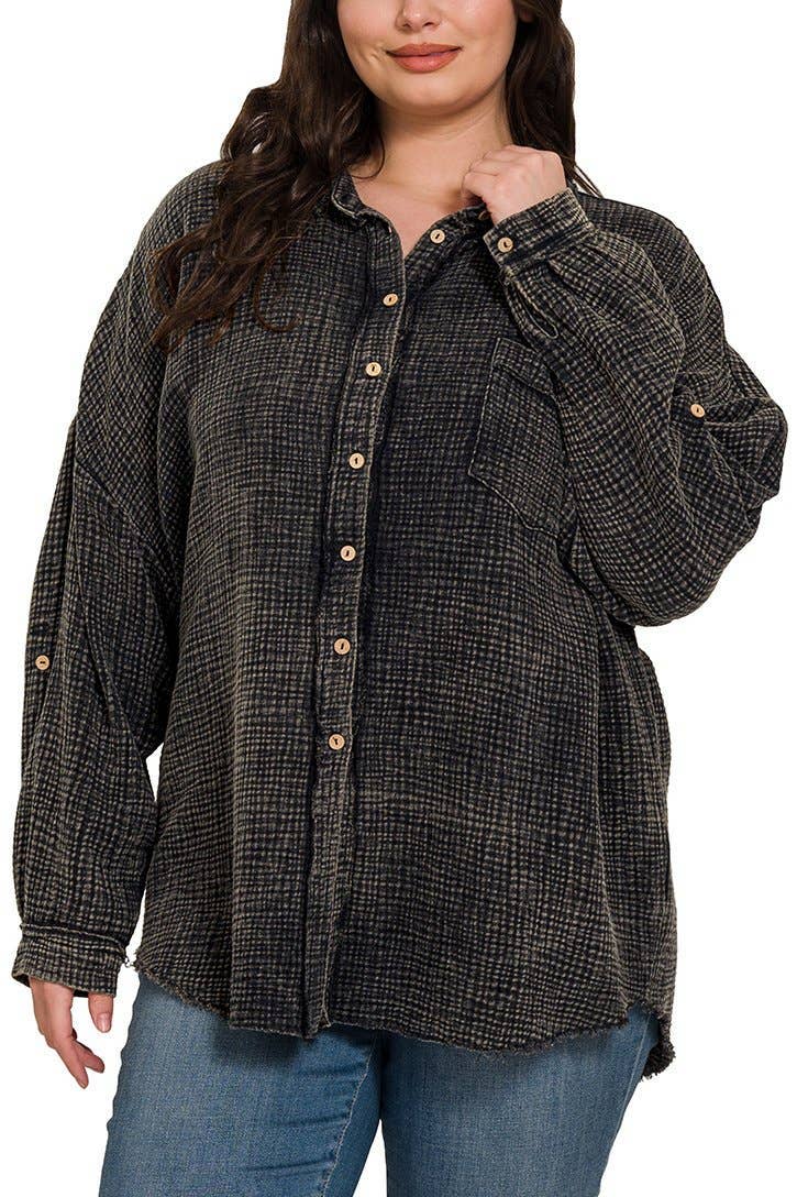 Vanilla Monkey - Venta al por mayor Camisa con botones - Mujer - Camisa con botones de doble gasa lavada Plus0