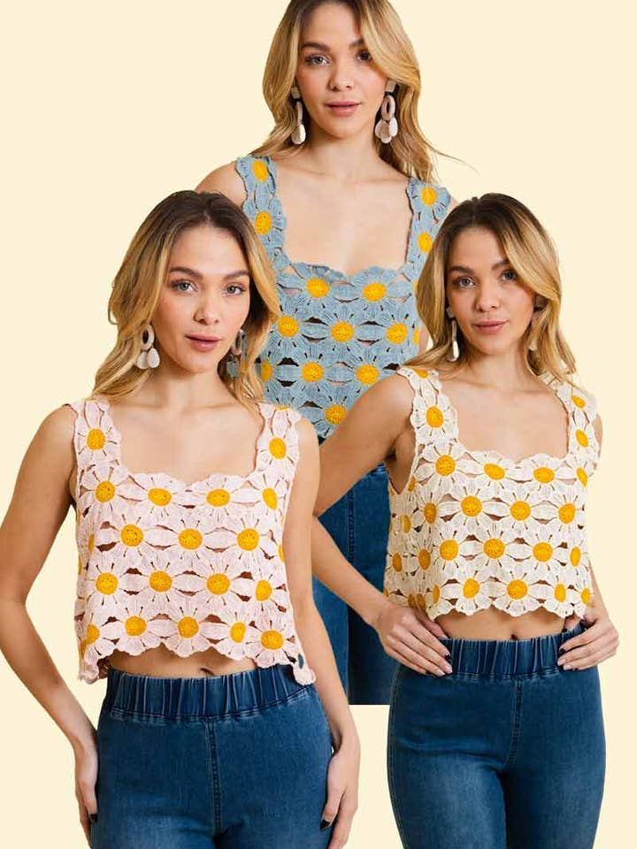 Leto Accessories - Wholesale Knit Top - Women's - Cute Daisy Crochet Crop Top 🌼 | Trendy Summer Fashion