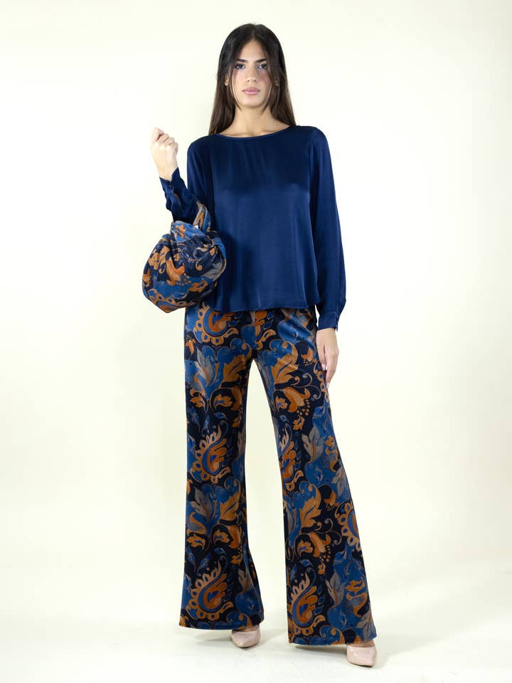 Blauwe fluwelen broek met arabeskpatroon voor wholesale door La Vie En Rose - C.I.D.A. s.r.l.