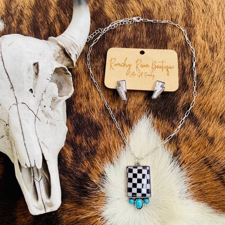 Ranchy Roan Boutique – wholesale Pendant/charm necklace – Western Rectangular Checker Turquoise Necklace