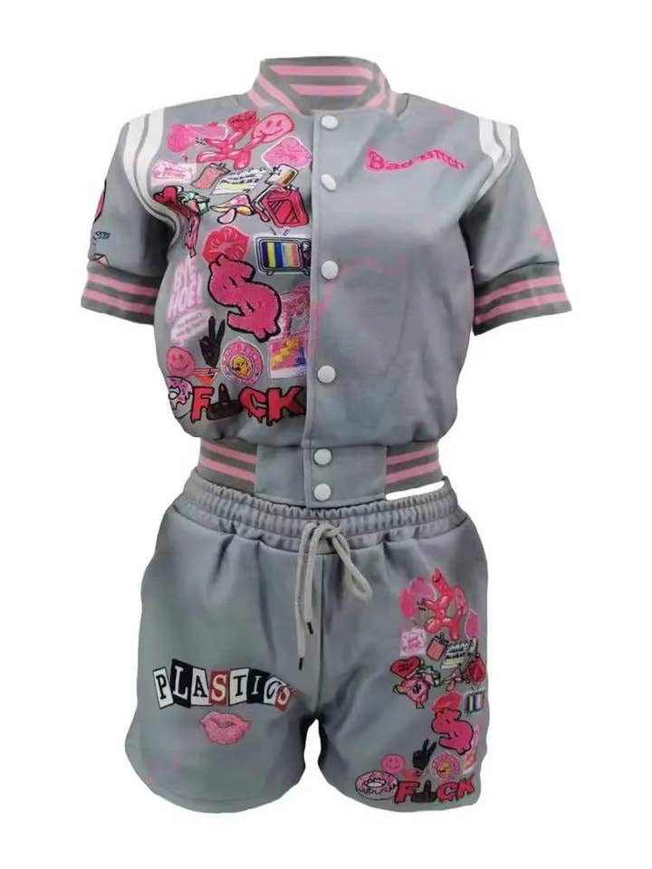 Flarix - Wholesale Top & Short Set (NOT Loungewear) - Women's - letter graphic pattern baseball top shorts set12