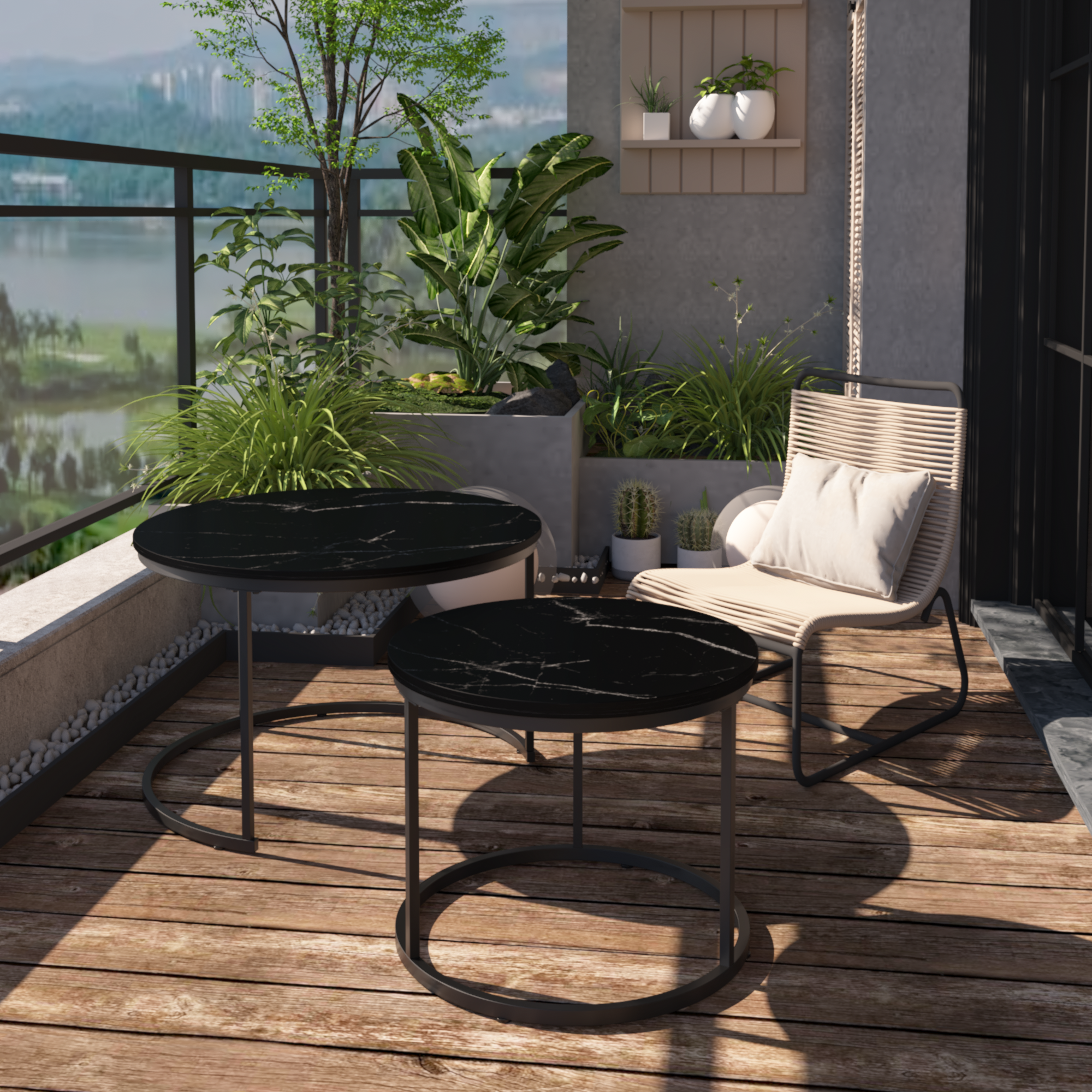 39F Inc. - Wholesale Coffee Table - Set of 2 Nesting Round Black Coffee Tables with Marble Top10