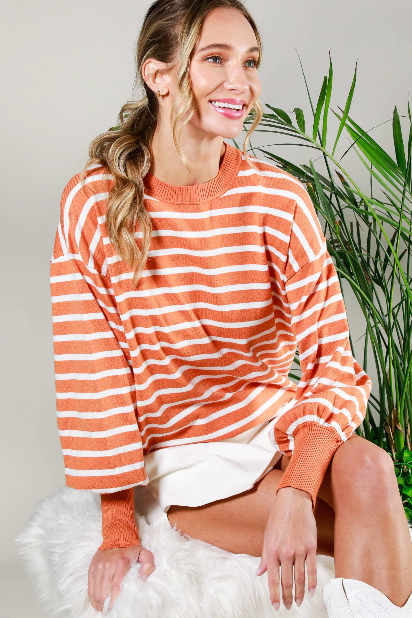 Vine & Love - Wholesale Knit Sweater - Women's - Striped Long Balloon Sleeve Knitted Sweater Top VT60387D14