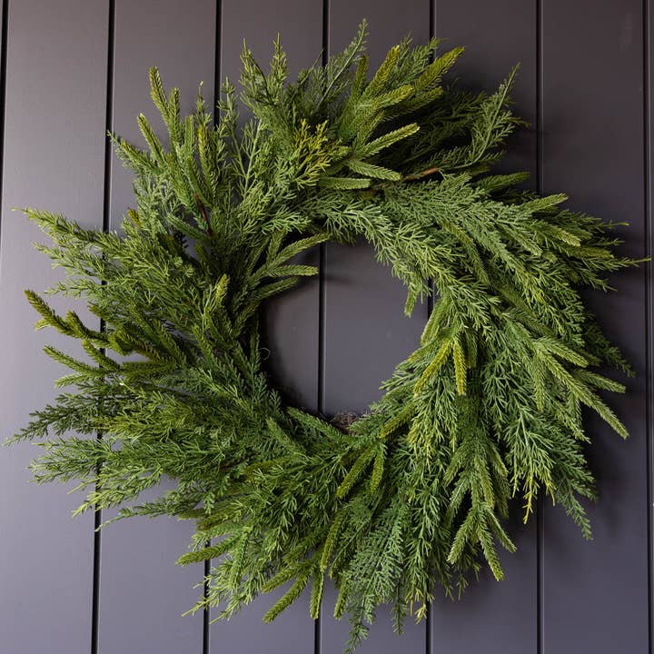 Norfolk & Cypress Mixed Real Touch Wreath - 24" for wholesale by Luxe B Co Canada