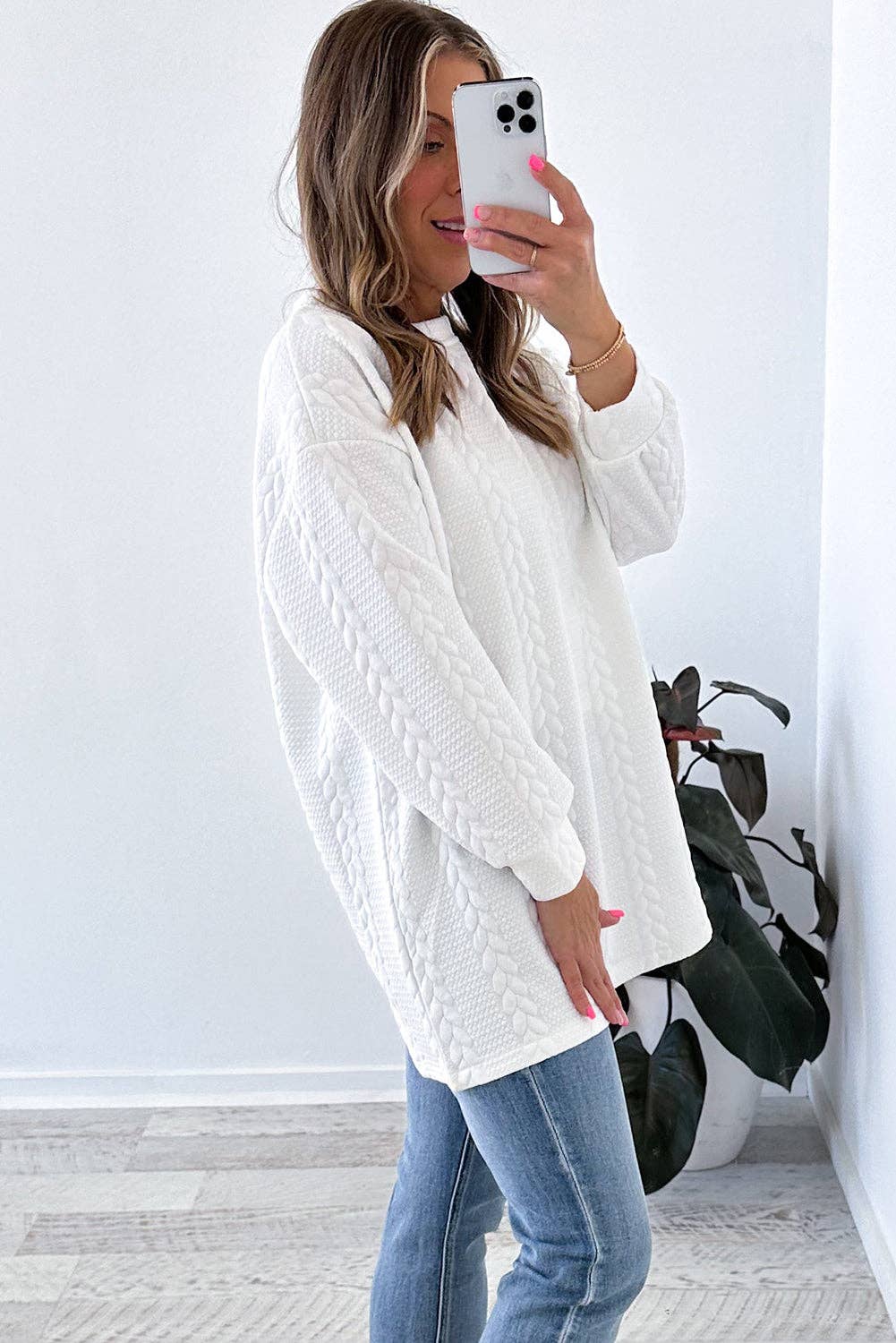 White Cable Textured Loose Plus Size Sweatshirt for wholesale on Faire1