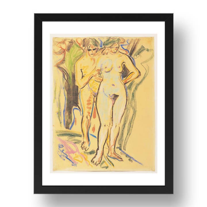 Ernst Ludwig Kirchner : Deux nus dans un paysage, œuvre d'art moderniste, reproduction d'affiche au format A3 dans un cadre noir de 17x13 pouces. pour la vente par PERIOD PRINTS