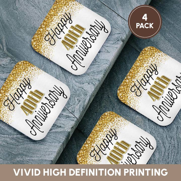 3dRose - Wholesale Coasters - 3dRose, Happy 40th Anniversary Image Of Gold Image Of Diamond Glitter, Coaster12