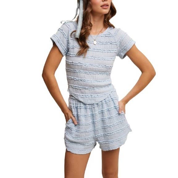 Textured Ruffle Top and Shorts Two Piece Set with Stretch Co for wholesale by Blue Bunny Inc