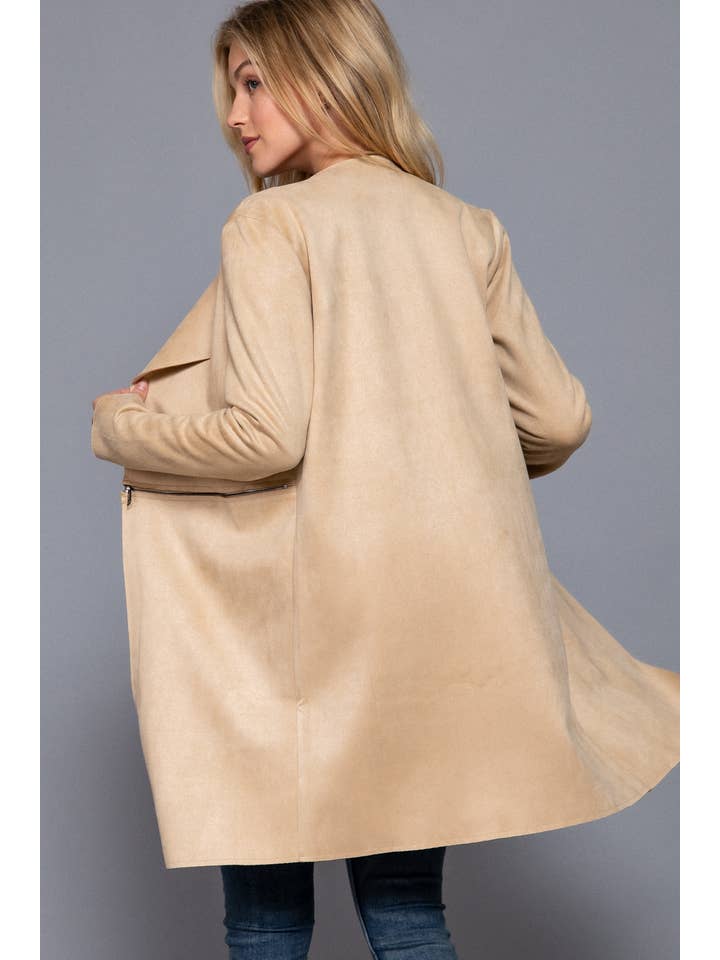 Active Basic | Active USA - Wholesale Jacket - Women's - Long Sleeve Front Two Zipper Detail Faux Suede Long Jacket