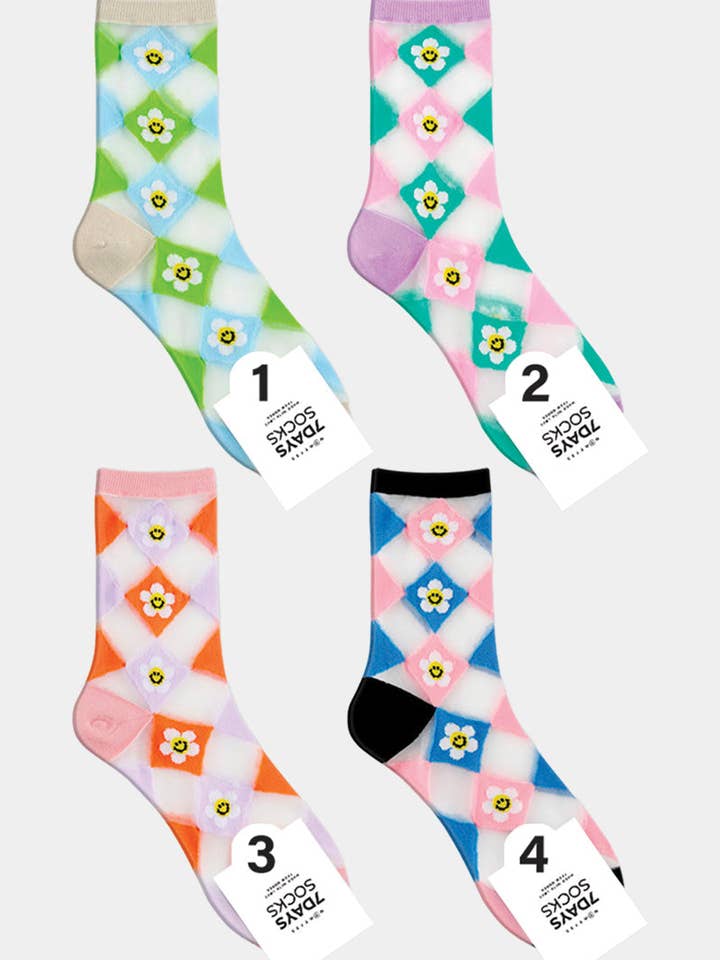 Kvinnors Crew genomskinlig leende blomma Argyle Strumpor för wholesale av 7DAYSSOCKS