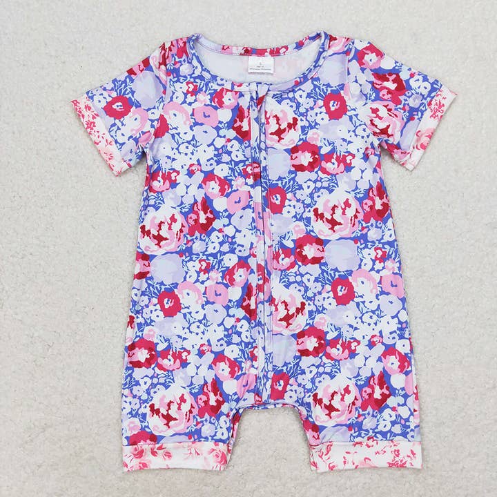 Baby Infant Girls Purple Flowers Zip Short Sleeve Rompers for wholesale by Aier Wholesale