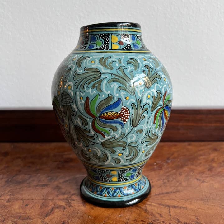 Ceramic jar with green floral motifs by Molaroni for wholesale by DADA Novecento