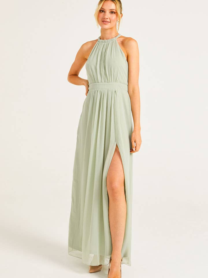 Beaded Halterneck Maxi Dress in Sage Green for wholesale by ANGELEYE