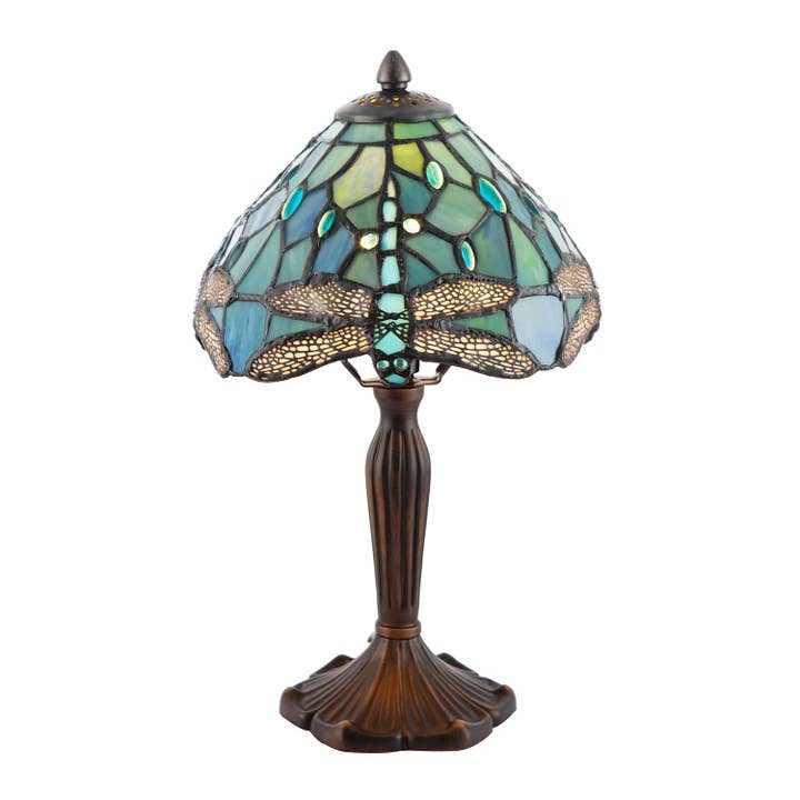 Lampe Tiffany en verre teinté vert émeraude fait main de 8 pouces avec motif libellule pour la vente par Happy Homewares