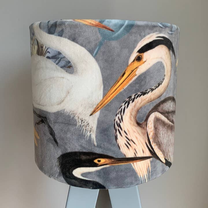 The Lampshade Jungle – wholesale Lampshade – Velvet Heron with Blue Grey background Lampshade0