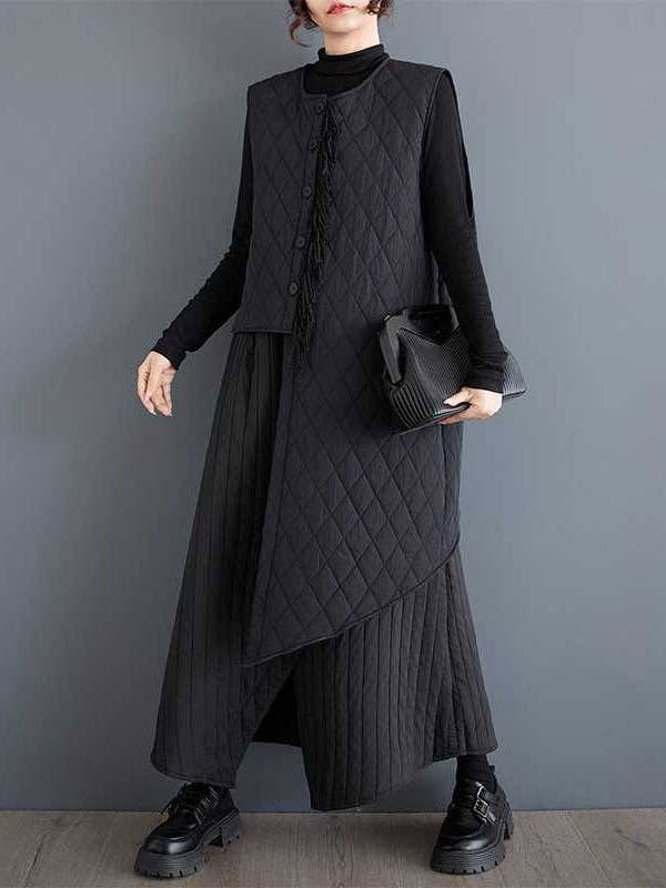 BLACK High Waisted Loose Asymmetric Elasticity Pockets Quilted Solid Color Skirts Bottoms for wholesale on Faire2